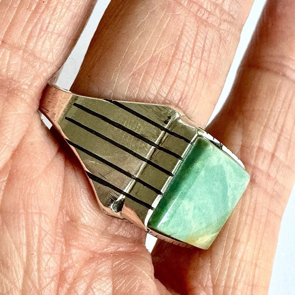 Navajo Turquoise Mens Ring Sz 13 Rectangle Signed Jack‎ Sterling 14mm